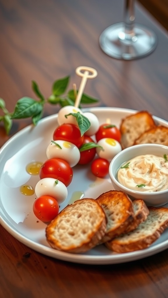 A charming arrangement of caprese skewers, toasted baguette slices, and hummus for a romantic meal for two.